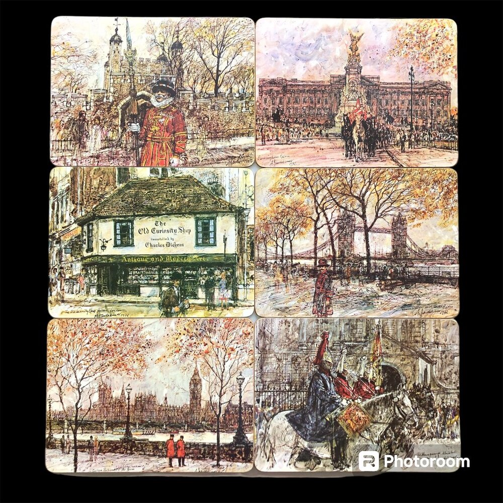 Vtg 1972 Set of 6 Clover Leaf Table Mats Placemat London Scenes Alex Jawdokimov